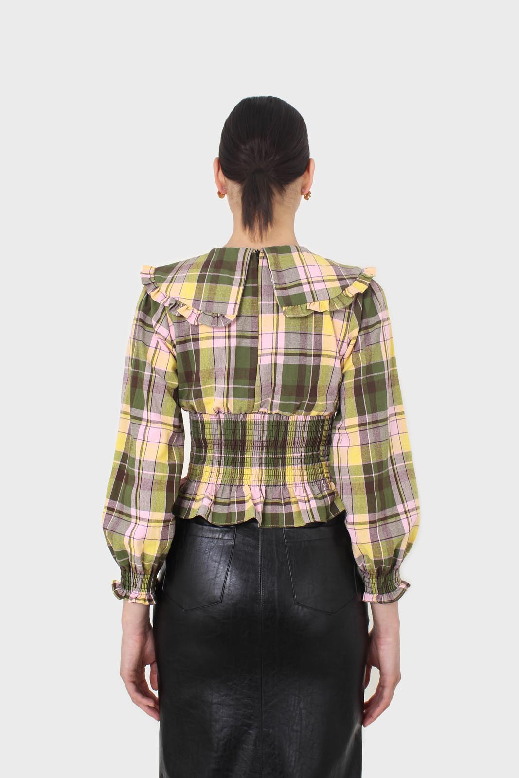 Lilac and green checked large collar blouse_9