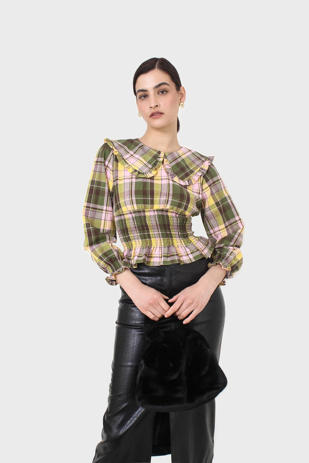 Lilac and green checked large collar blouse_10