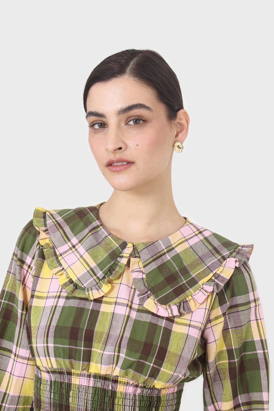 Lilac and green checked large collar blouse_2