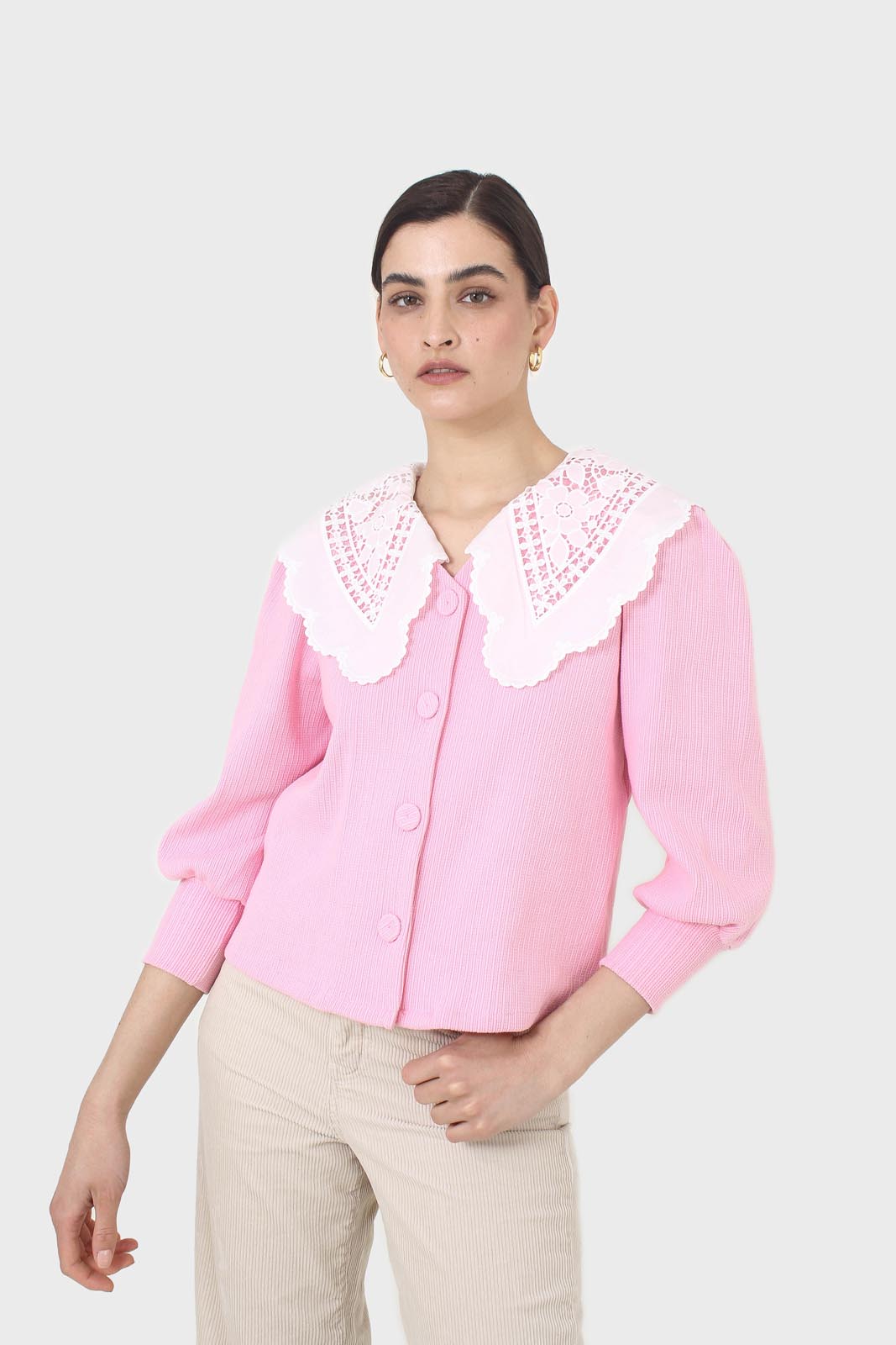 Pink and ivory detachable lace collar cardigan_7