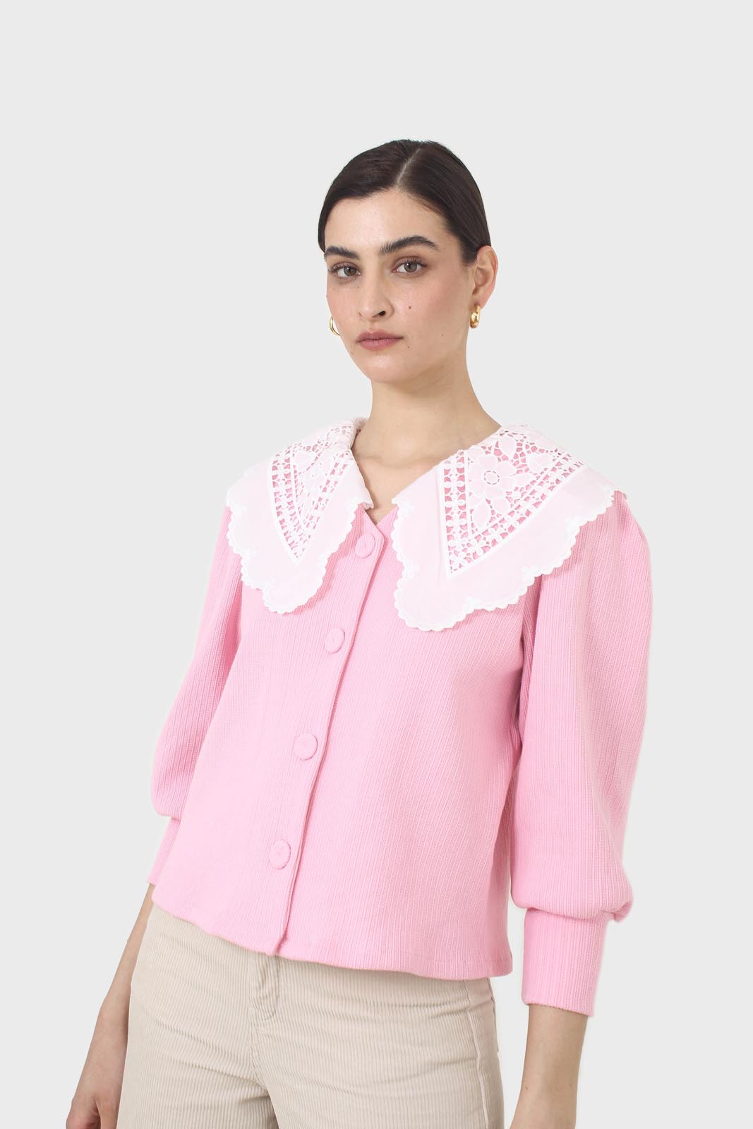 Pink and ivory detachable lace collar cardigan_8