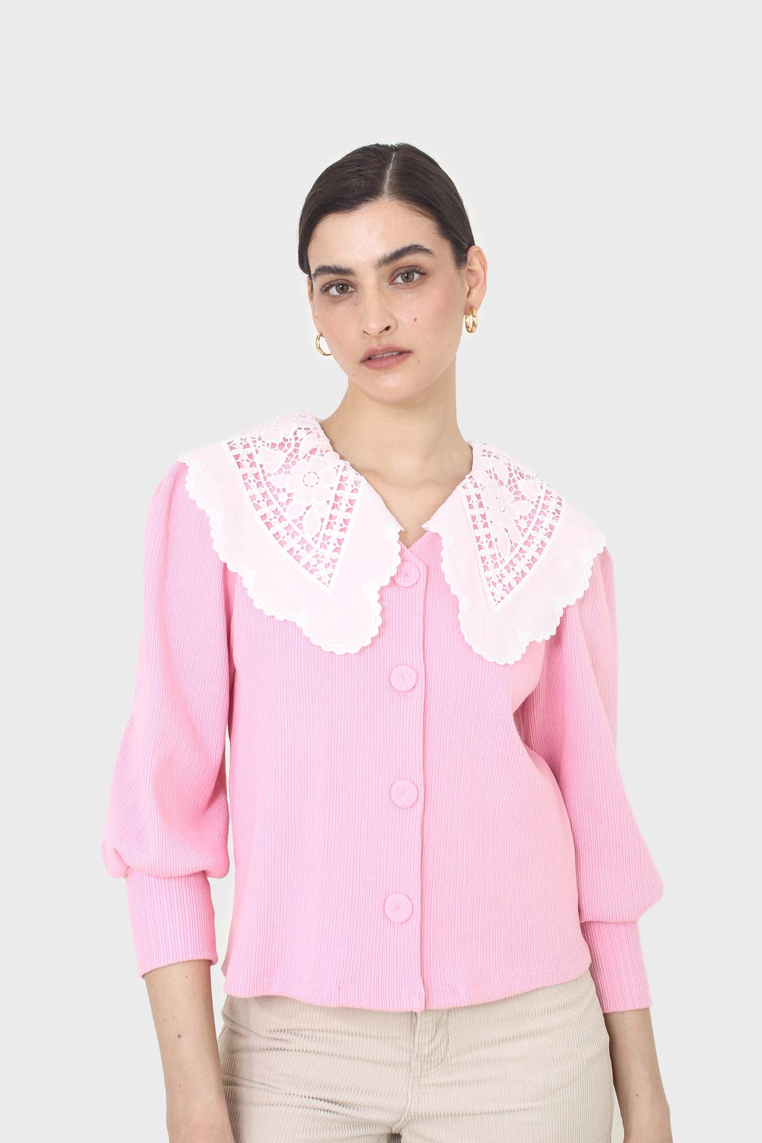Pink and ivory detachable lace collar cardigan_1