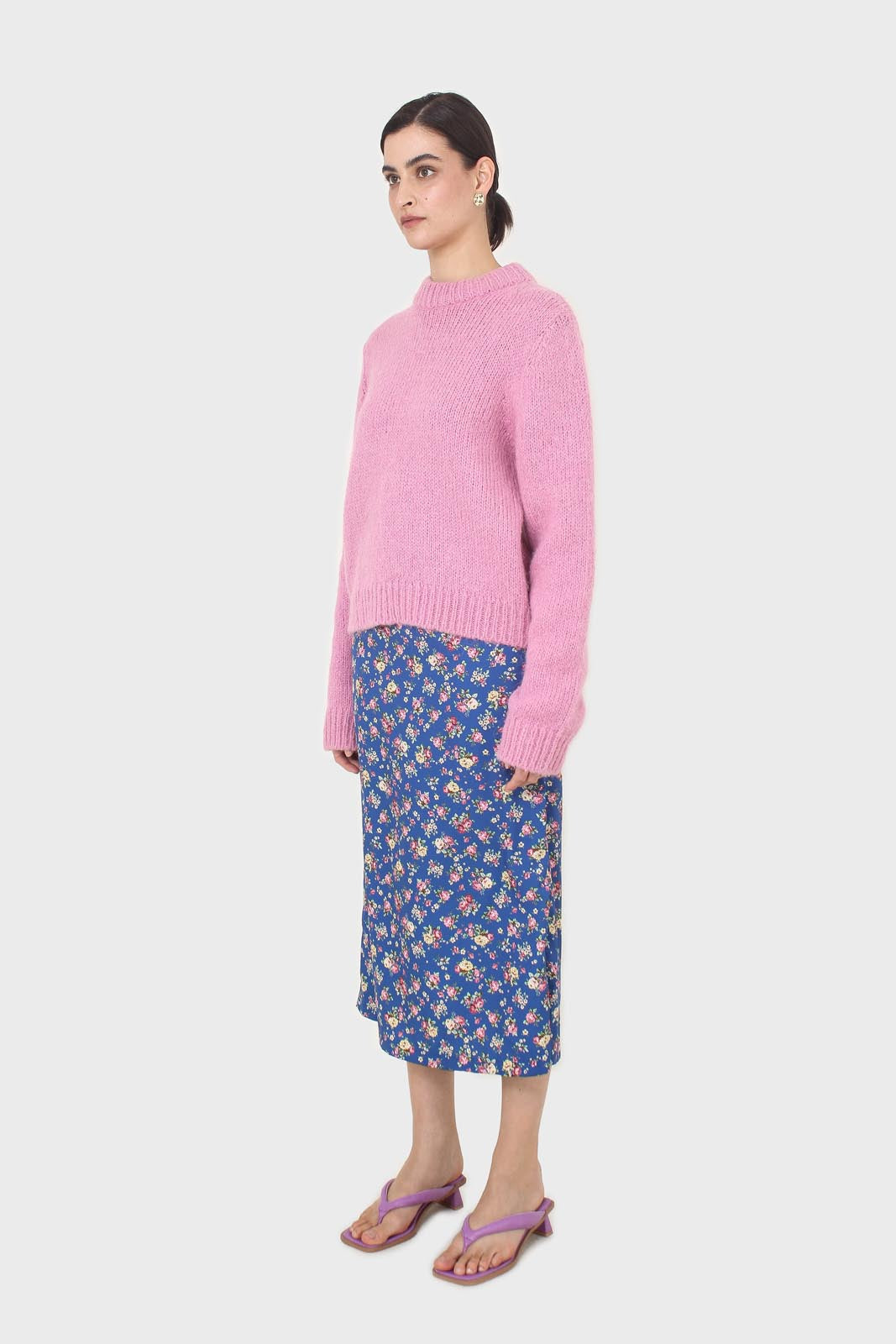 Blue and pink floral print skirt_4