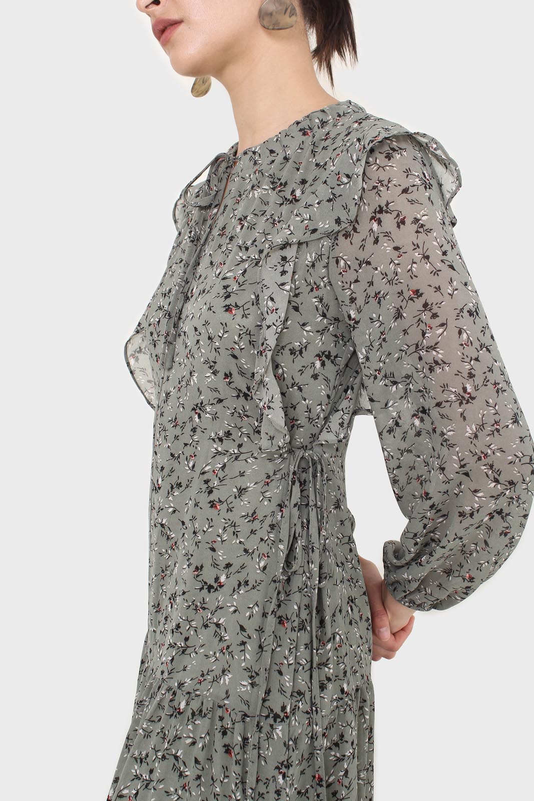 Khaki green floral tie neck dress_5