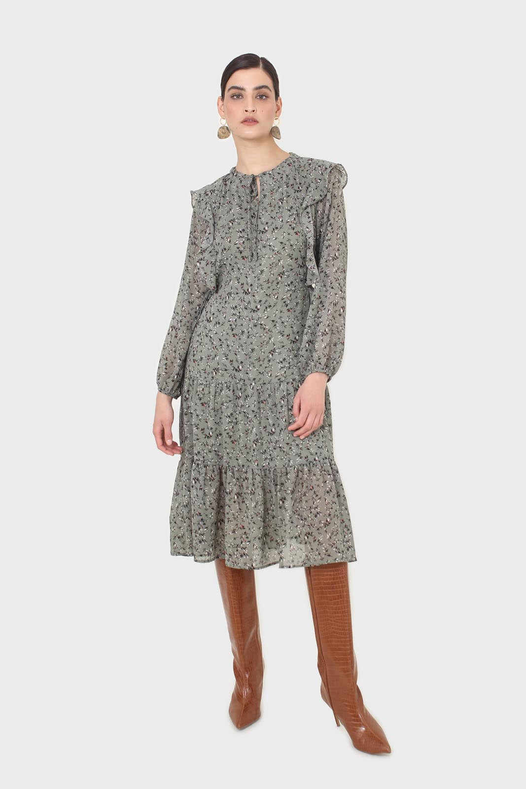 Khaki green floral tie neck dress_12