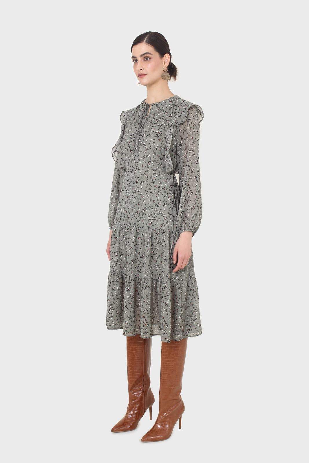 Khaki green floral tie neck dress_8