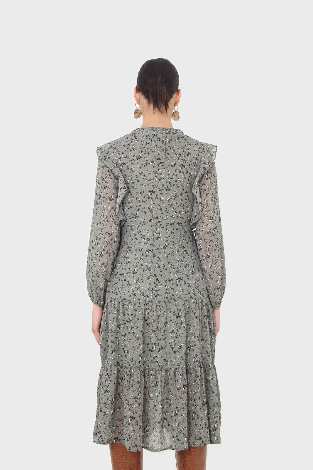 Khaki green floral tie neck dress_9