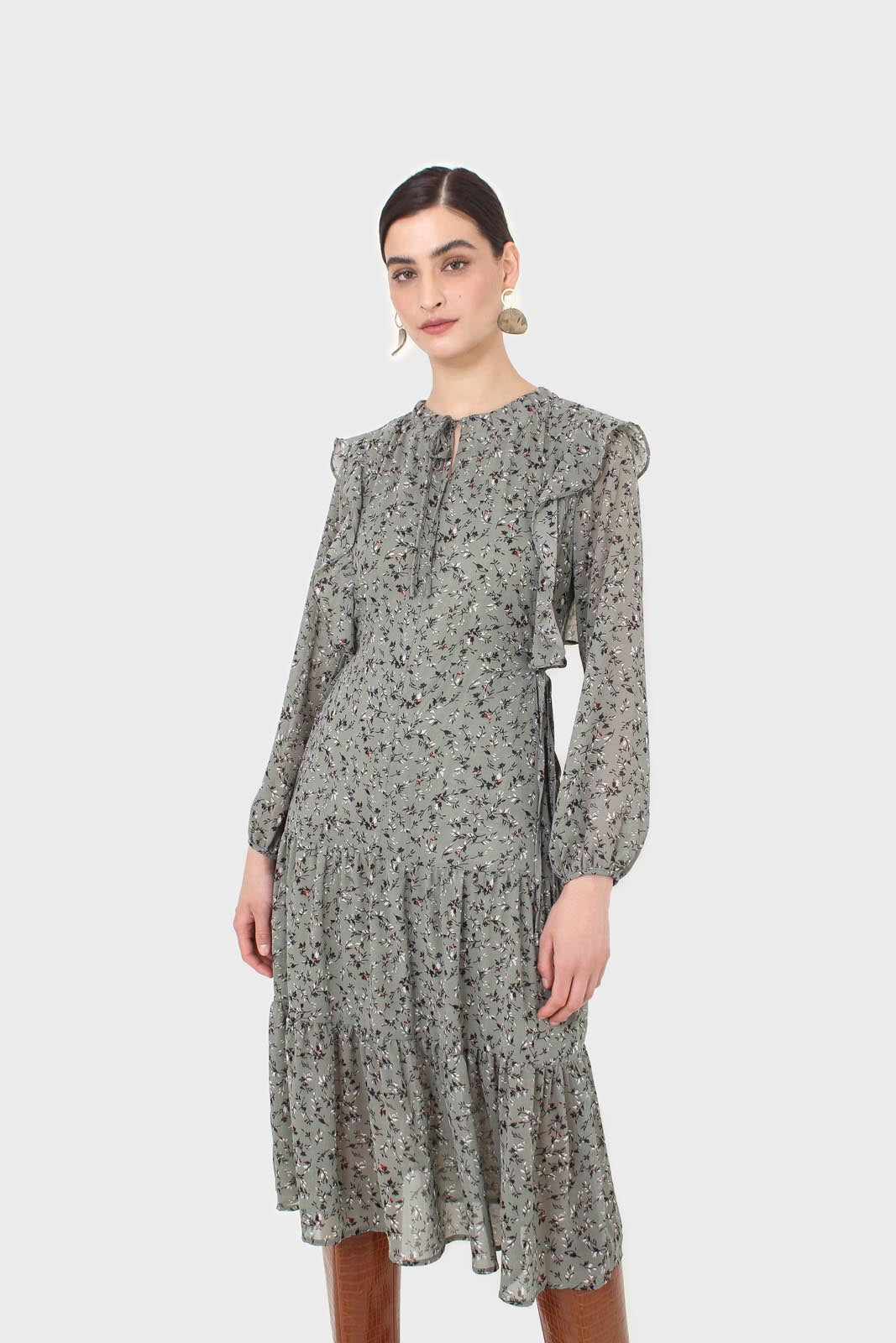 Khaki green floral tie neck dress_10