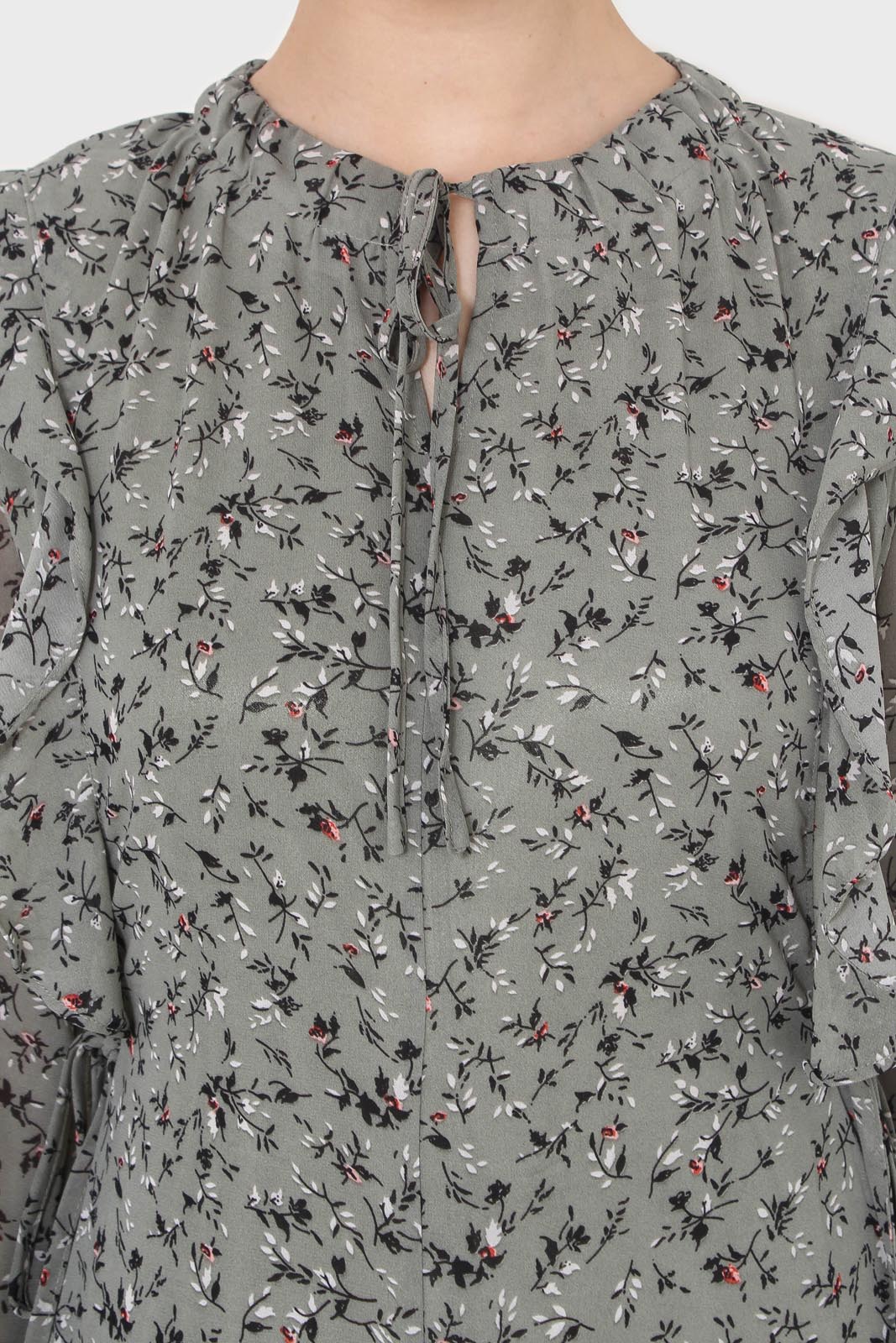 Khaki green floral tie neck dress_3