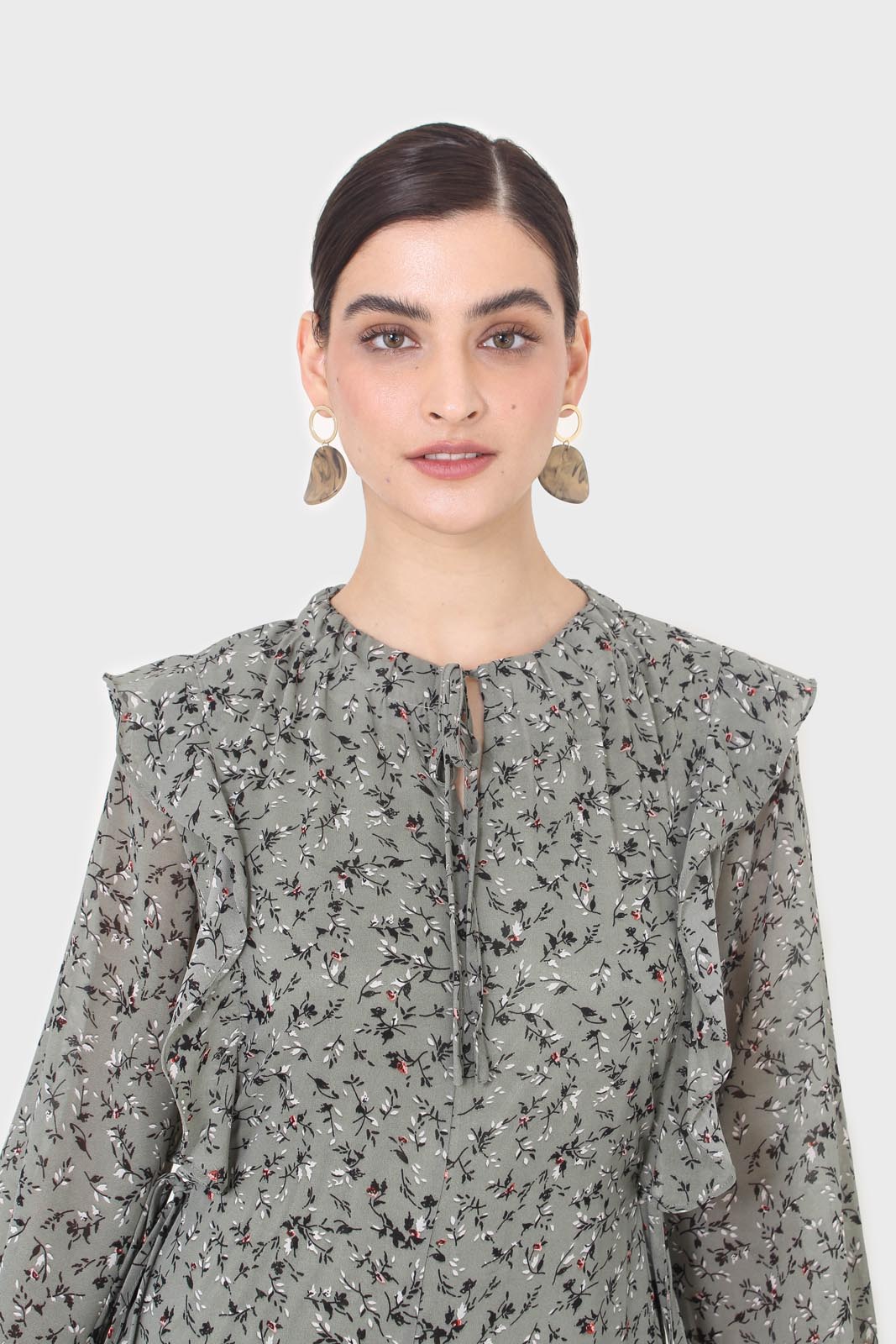 Khaki green floral tie neck dress_4