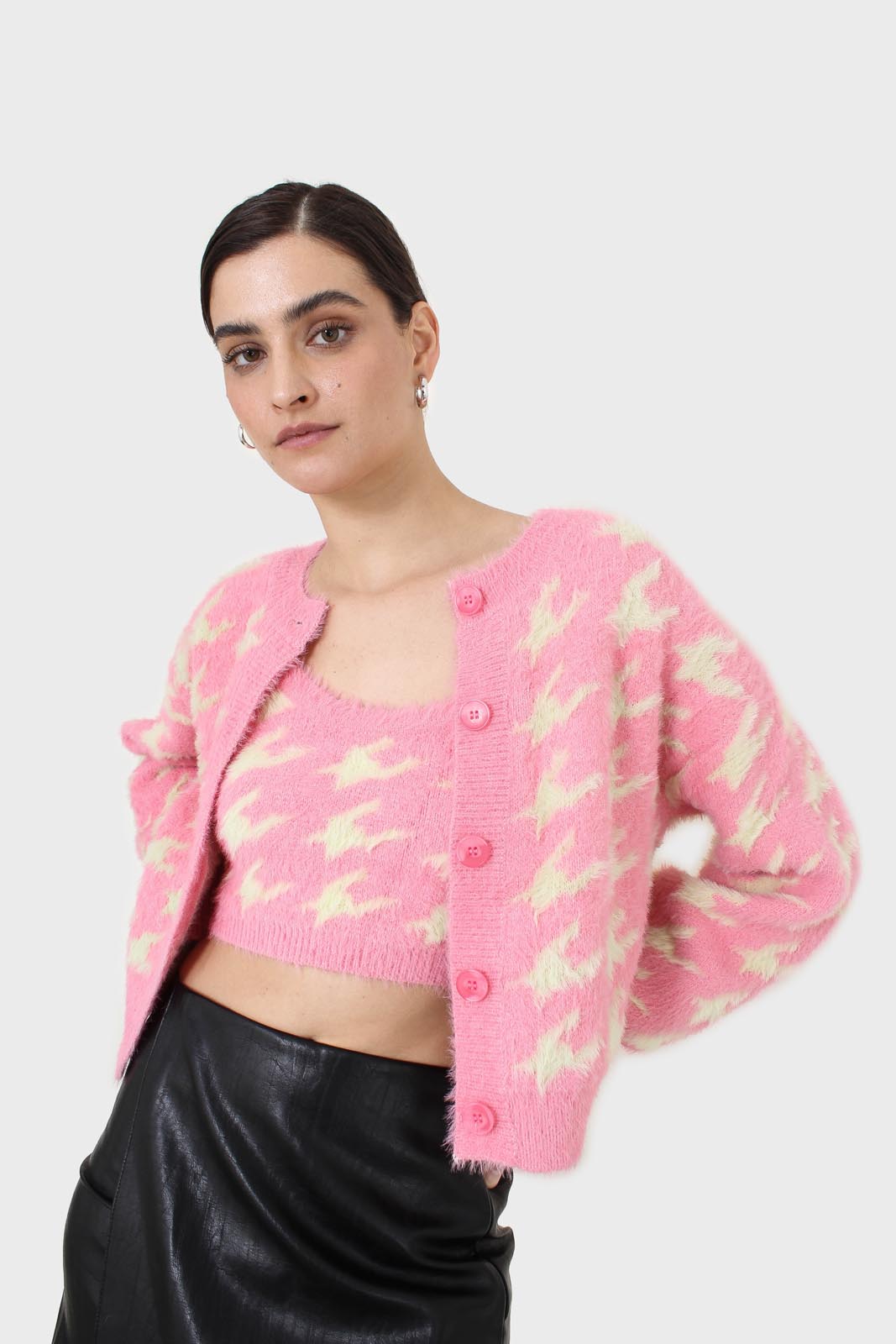Pink and cream houndstooth fuzzy bralette_2