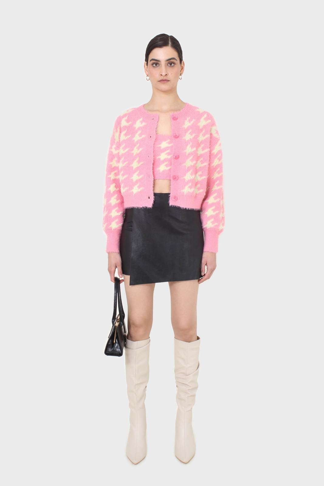 Pink and cream houndstooth fuzzy cardigan_5