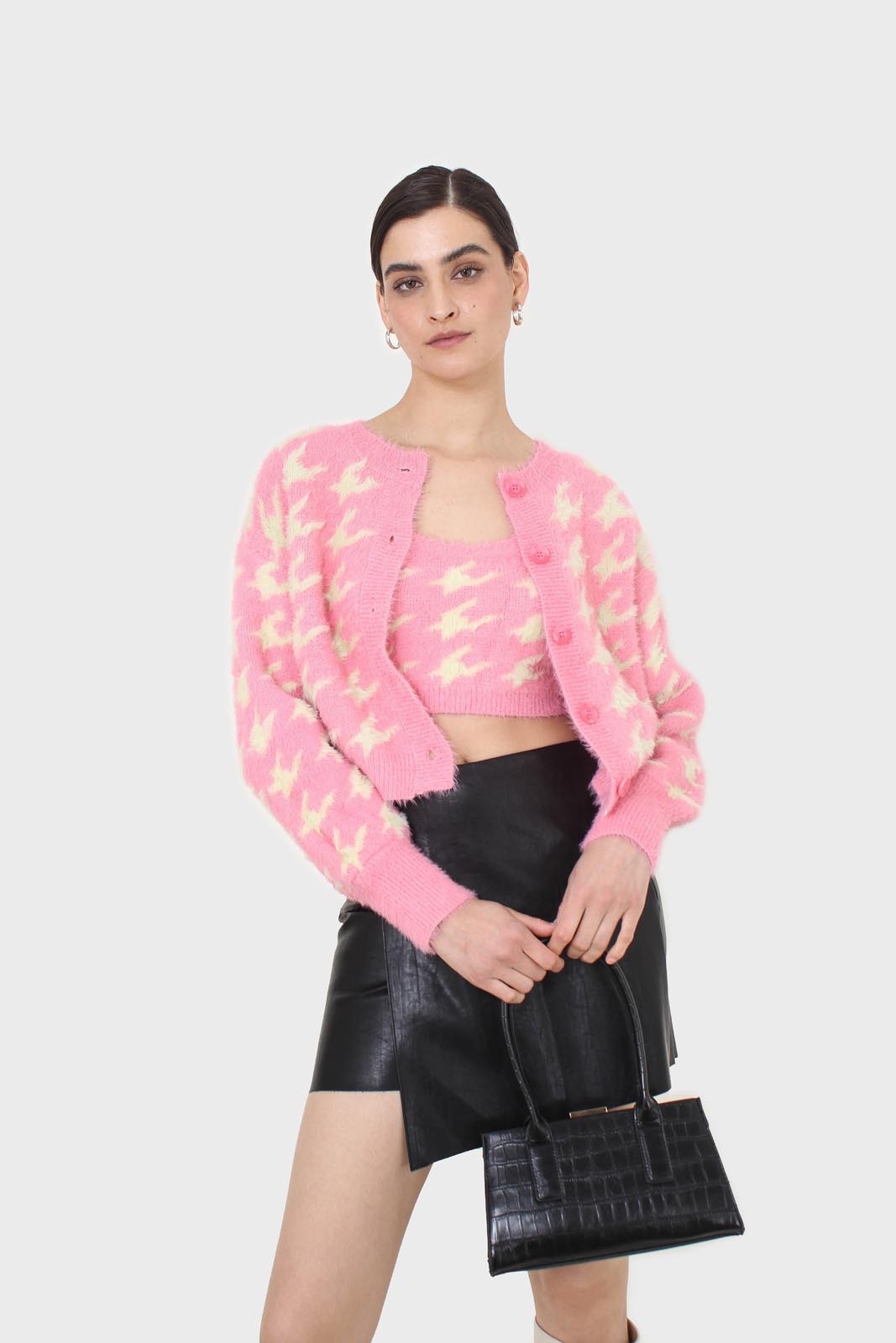 Pink and cream houndstooth fuzzy cardigan_1