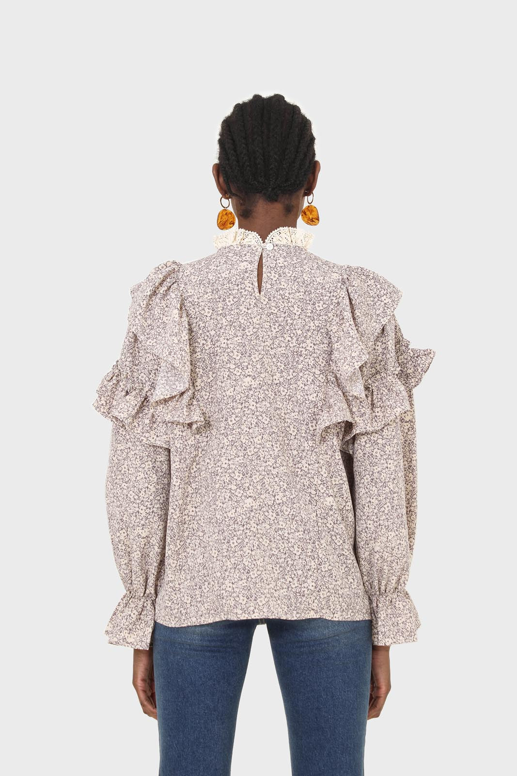 Violet and beige floral print lace trim top_2