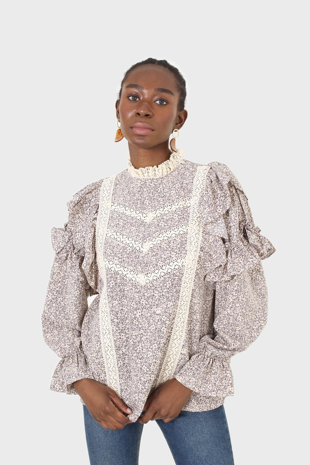 Violet and beige floral print lace trim top_1