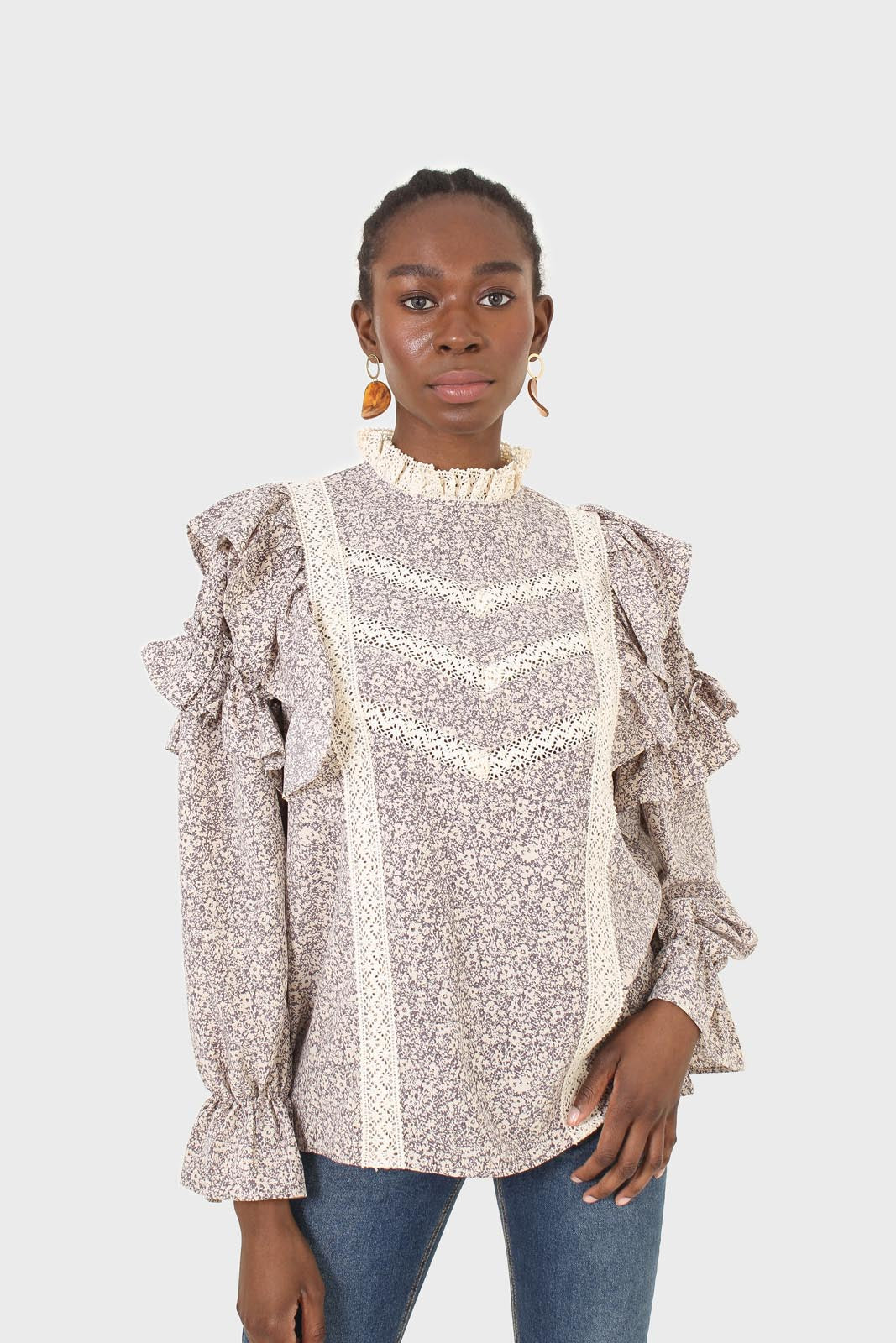 Violet and beige floral print lace trim top_5