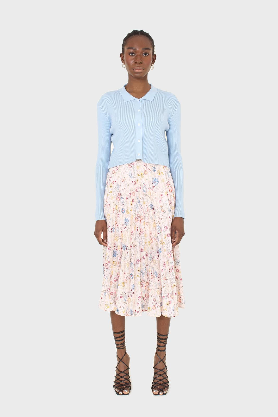 Pink floral print pleated skirt_2