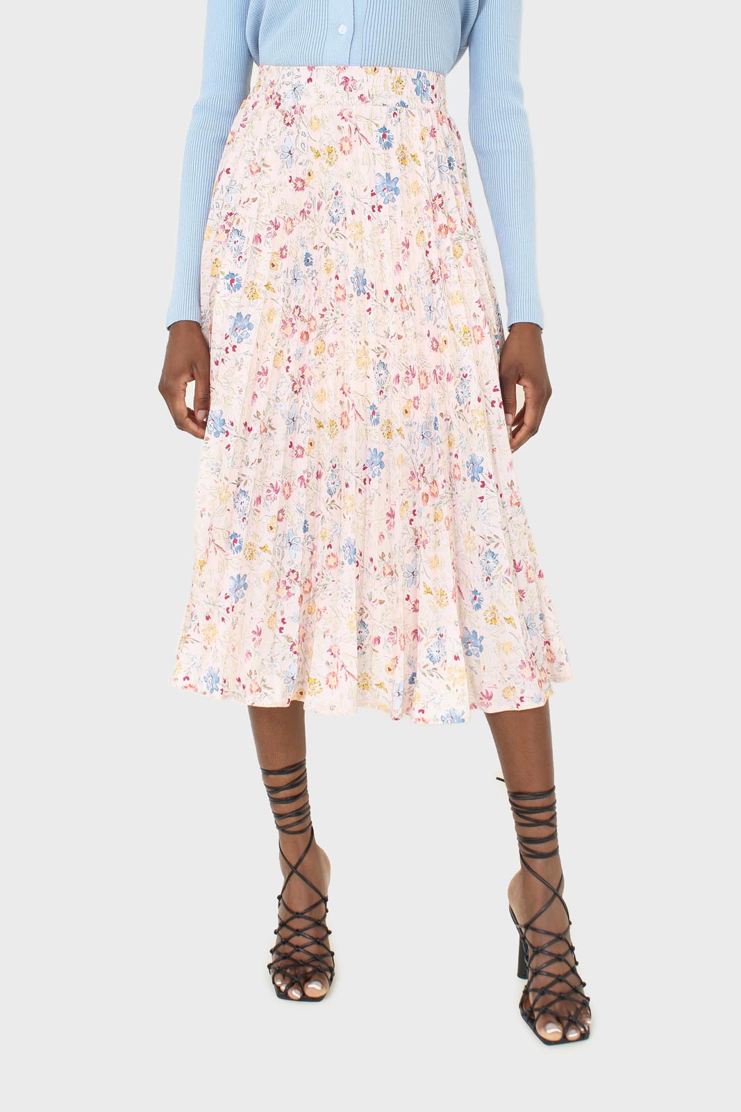 Pink floral print pleated skirt_1