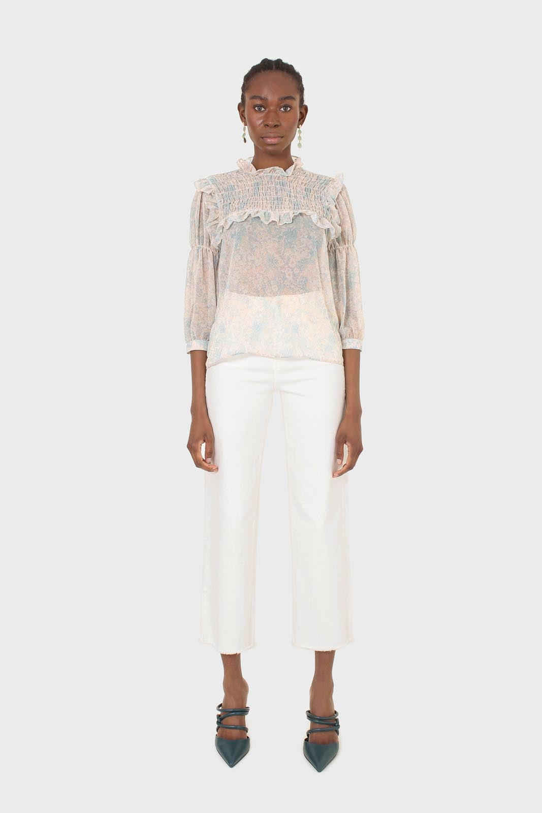 Blue watercolour printed ruched blouse_3