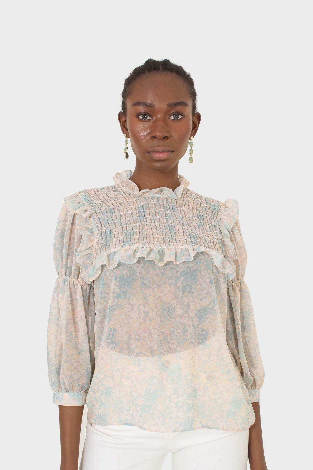 Blue watercolour printed ruched blouse_1