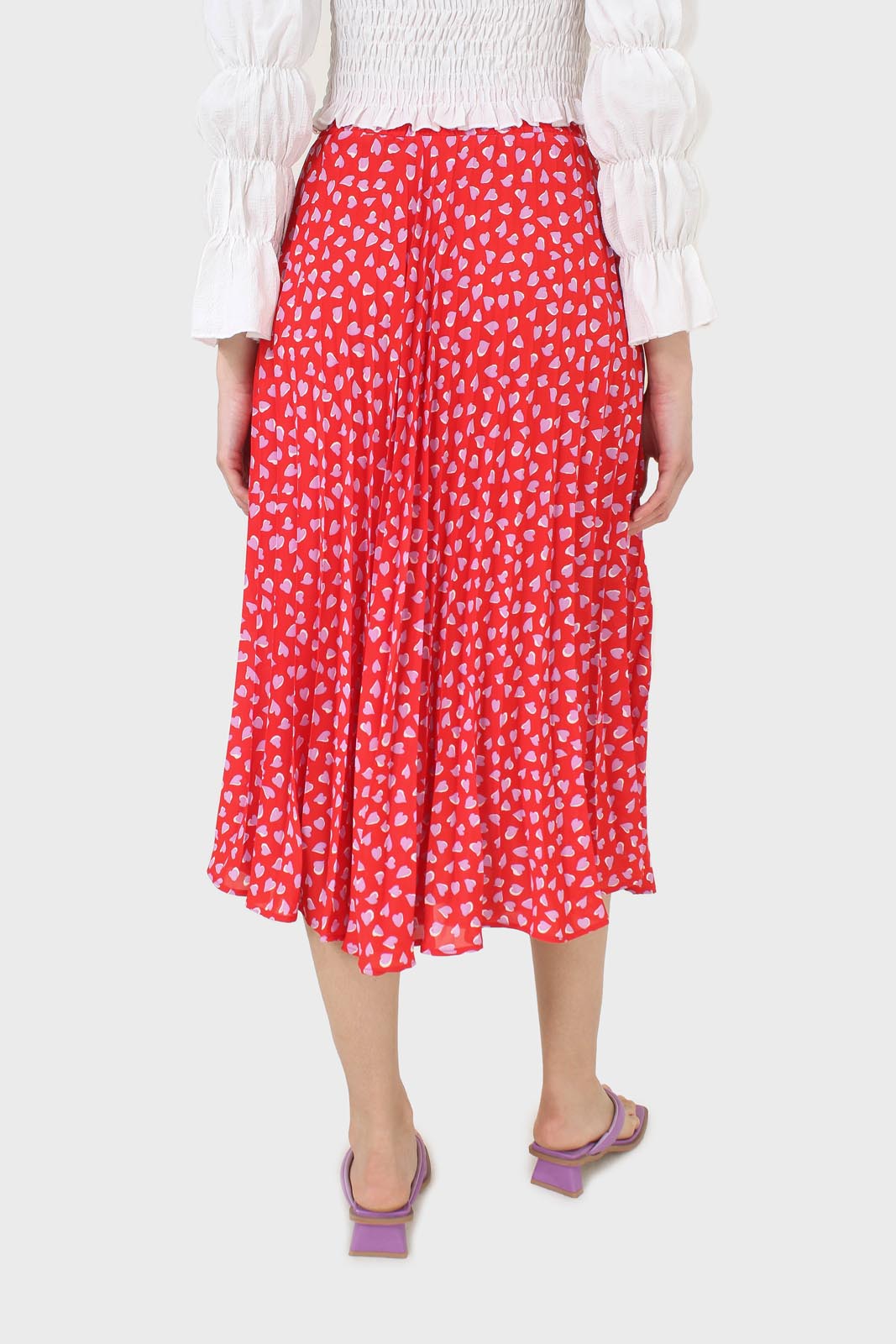 Red and pink heart print pleated midi skirt_4