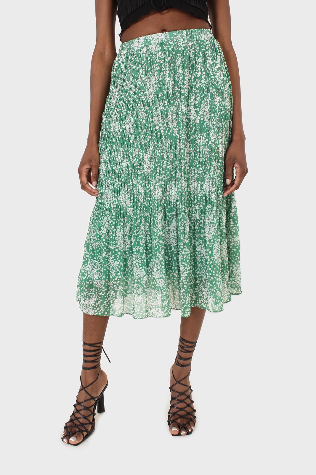 Green and white printed pleated midi skirt_1