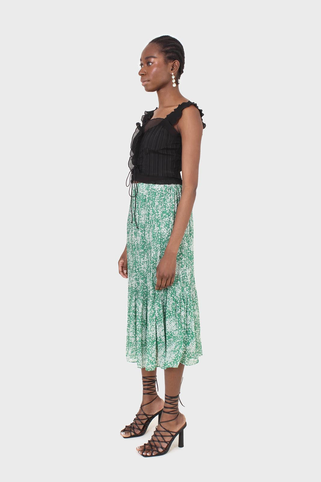 Green and white printed pleated midi skirt_7