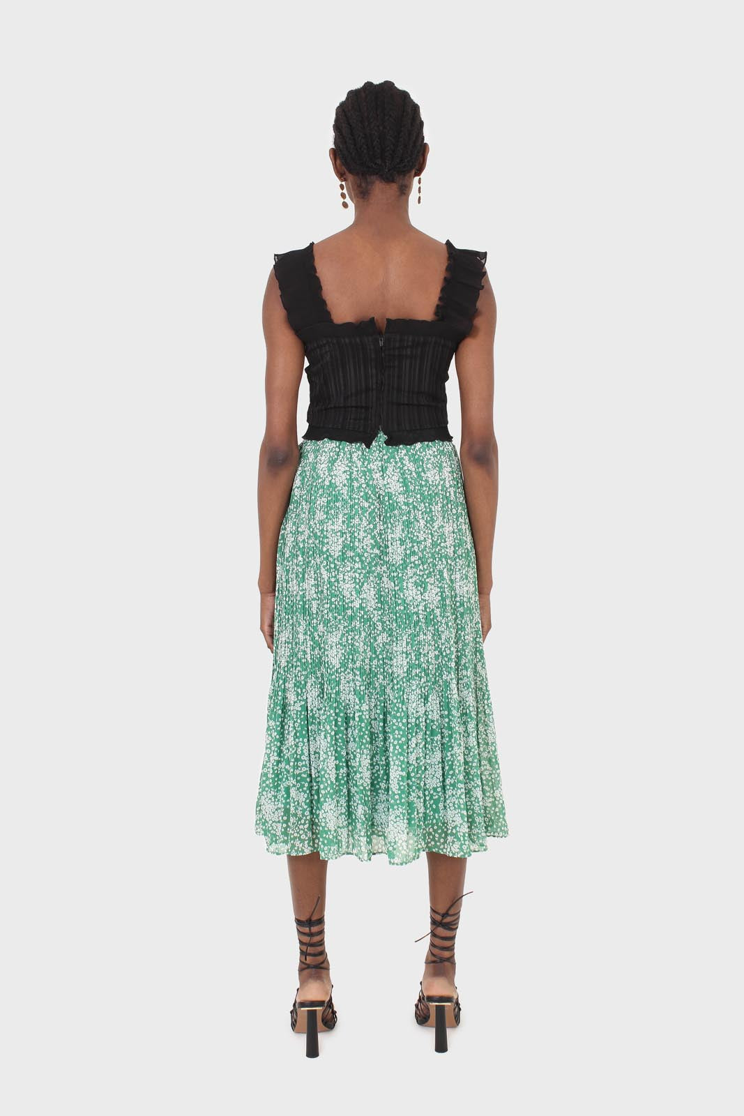 Green and white printed pleated midi skirt_5