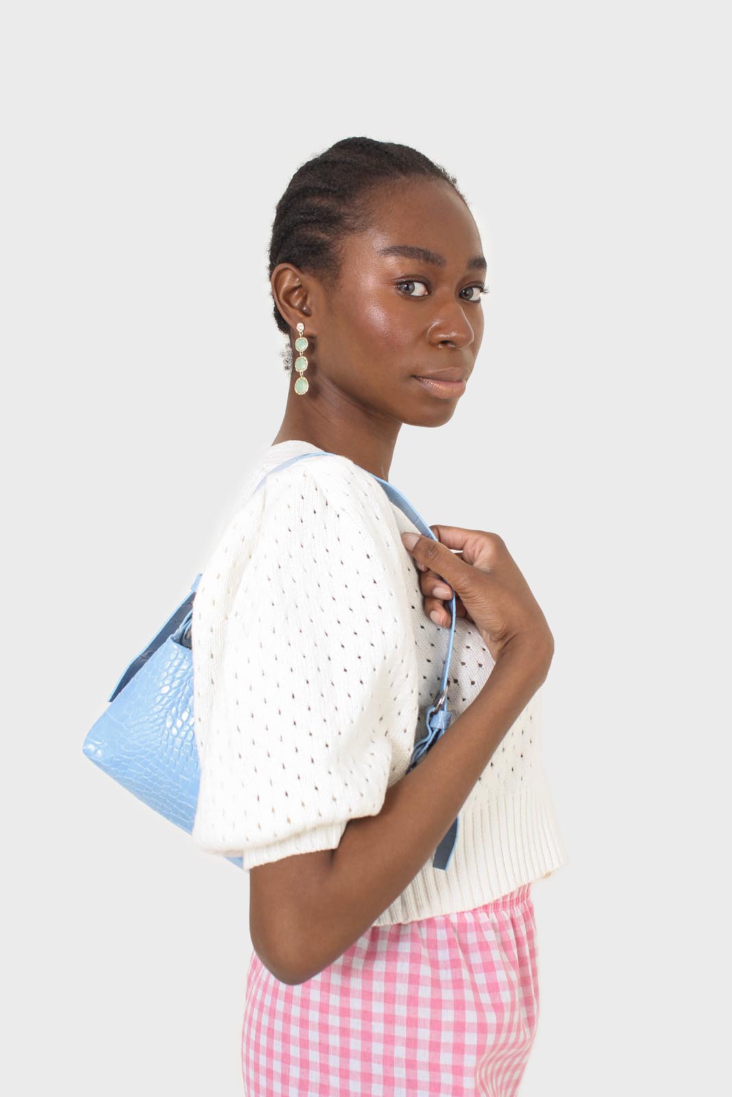 Blue croc effect vegan leather shoulder bag_3