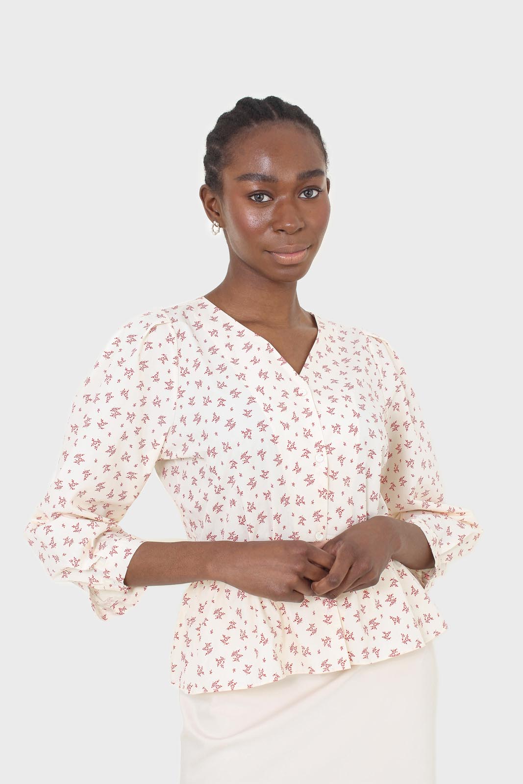 Ivory and red floral print cotton blouse_1