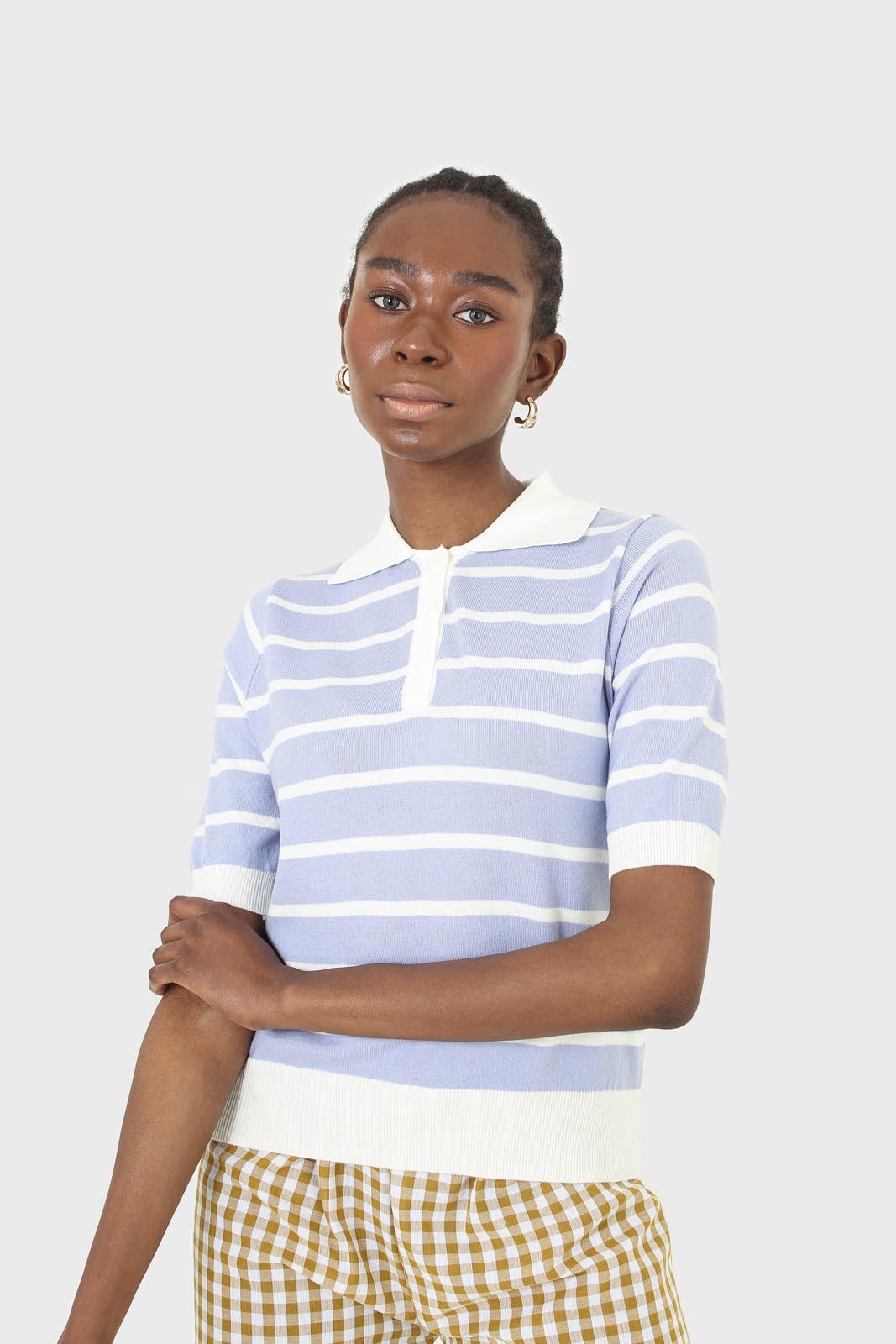 Blue striped polo knit top_7