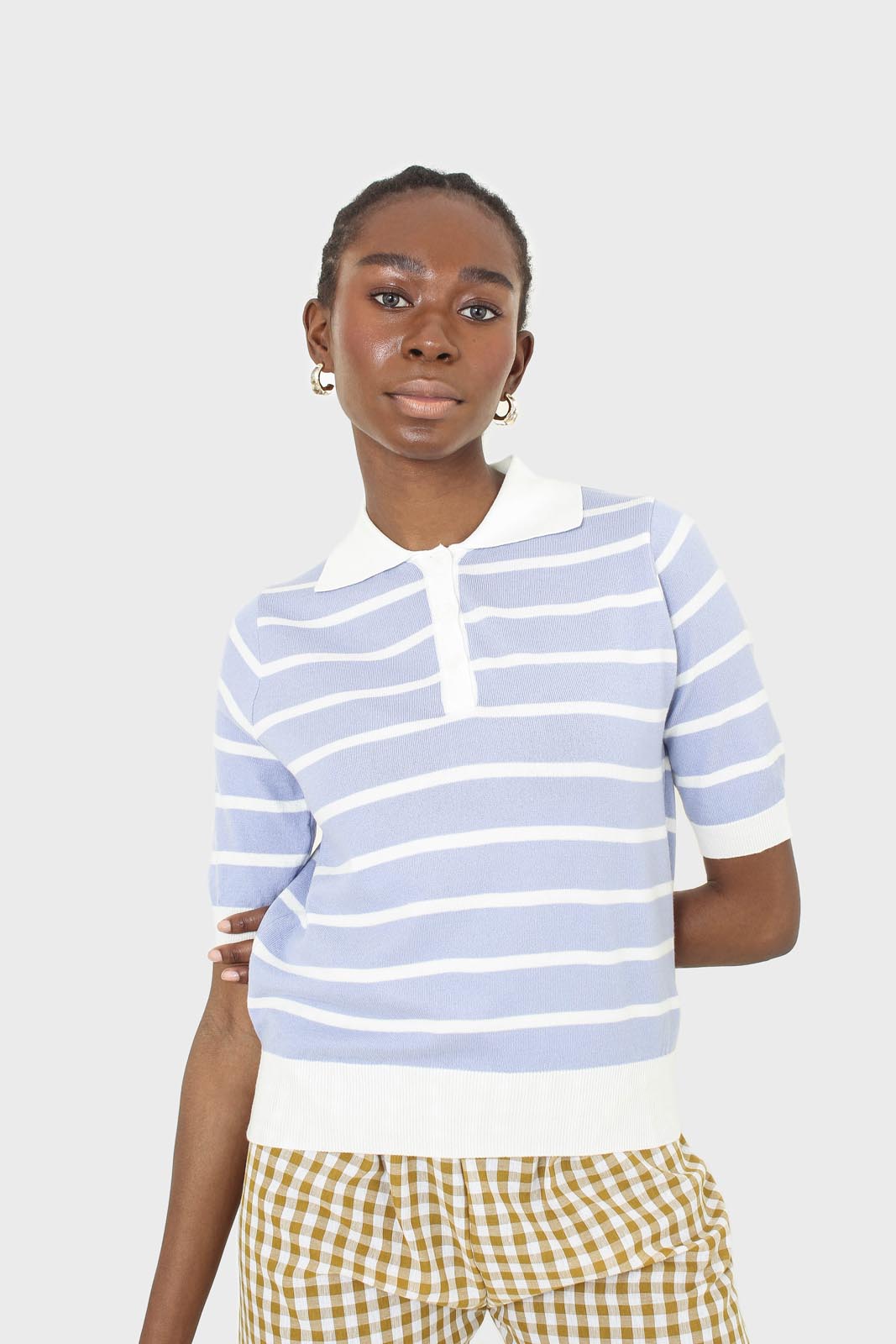 Blue striped polo knit top_1
