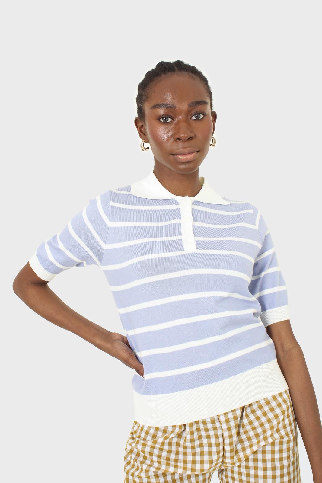 Blue striped polo knit top_8