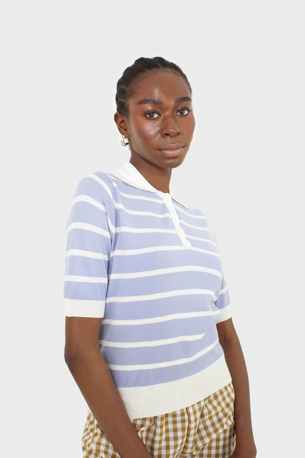 Blue striped polo knit top_9