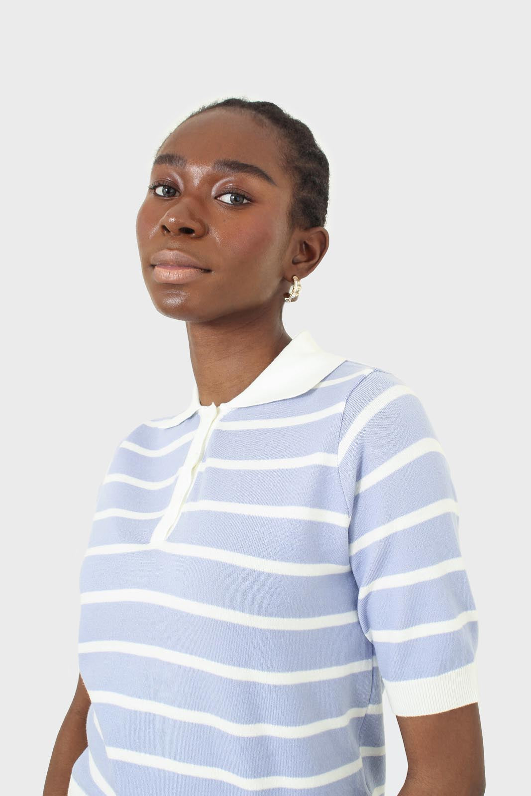 Blue striped polo knit top_10