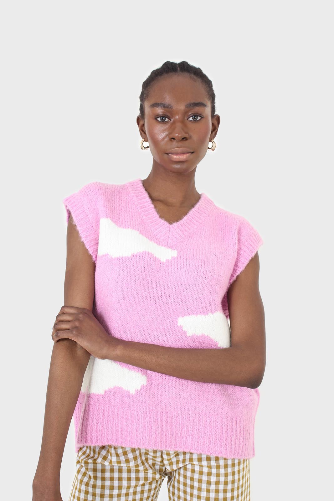 Pink and white intarsia cloud wool blend vest_5