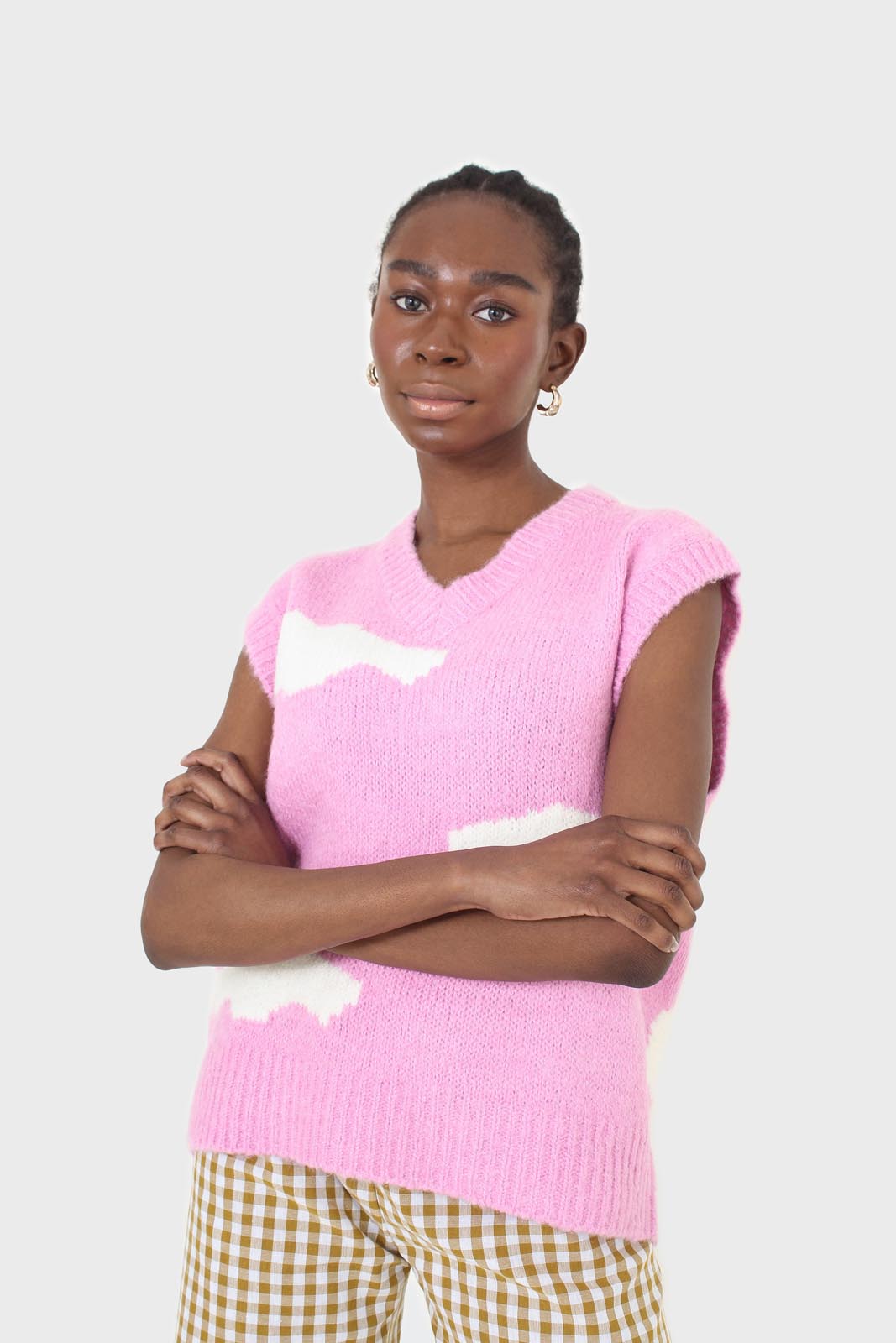 Pink and white intarsia cloud wool blend vest_1