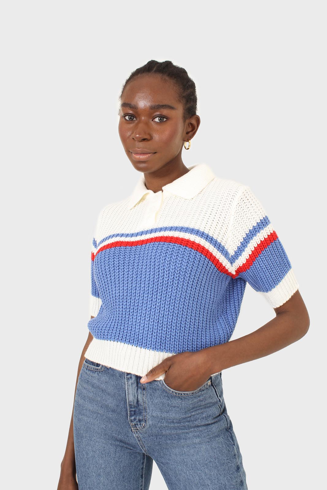Blue and ivory polo short sleeve knit top_8
