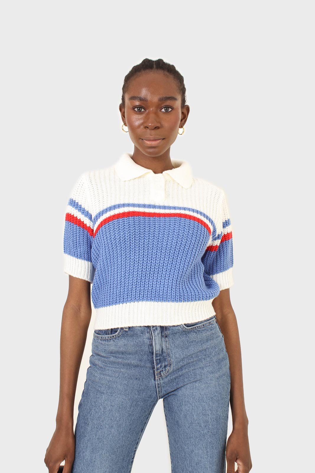 Blue and ivory polo short sleeve knit top_9