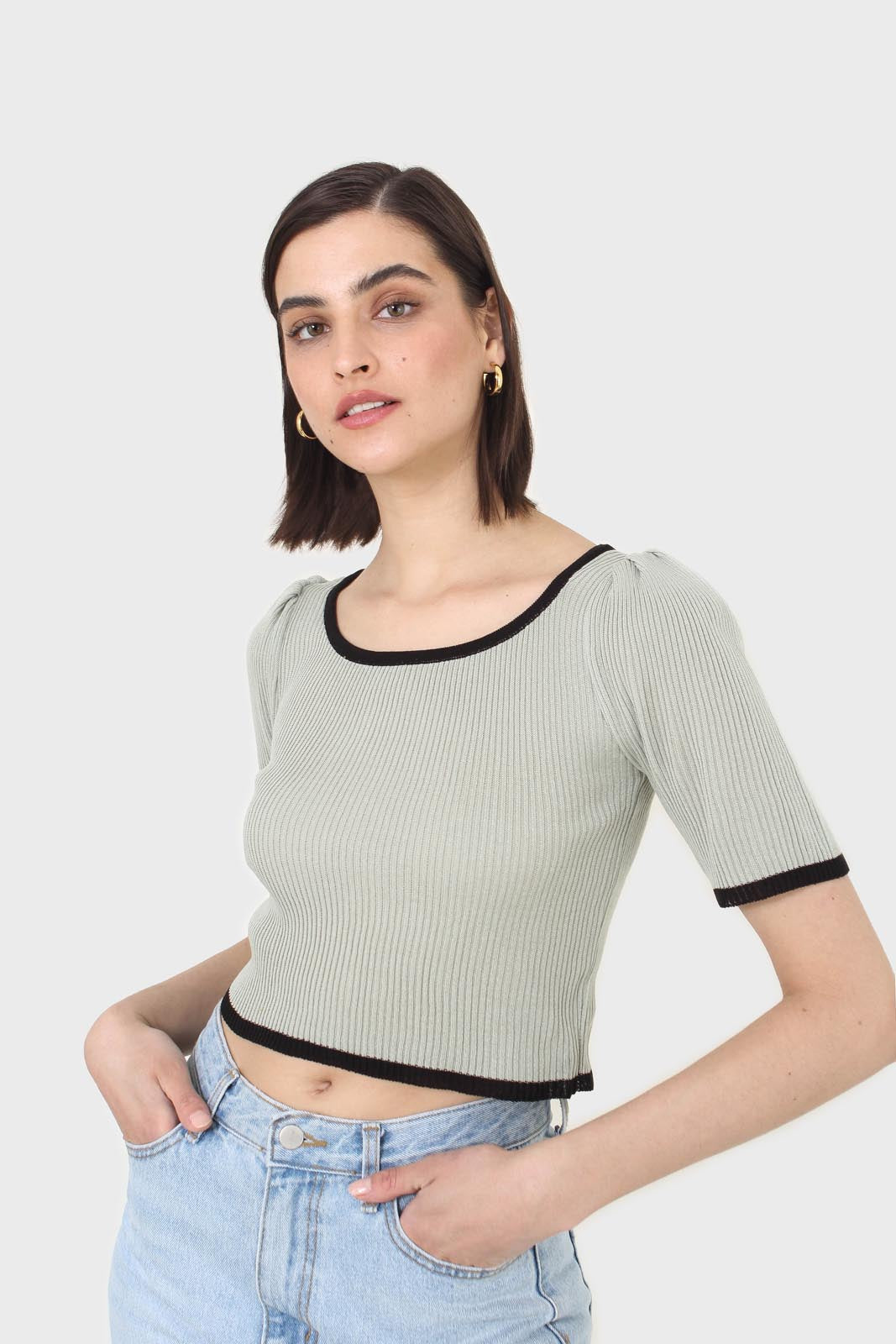 Mint and black binding puff sleeve knit top_5