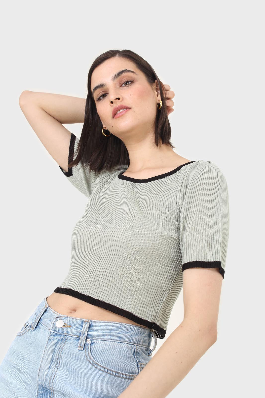 Mint and black binding puff sleeve knit top_7