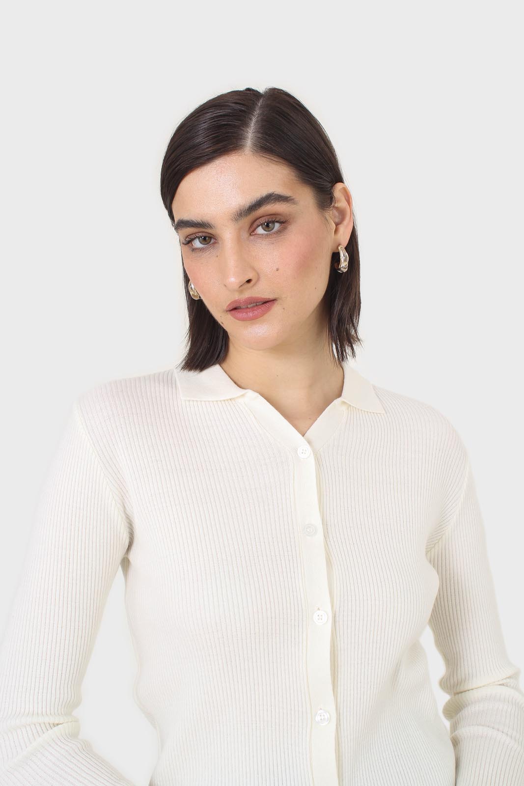Ivory button front polo knit top_6