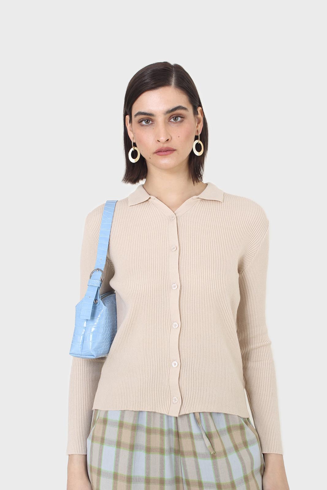 Beige button front polo knit top_1