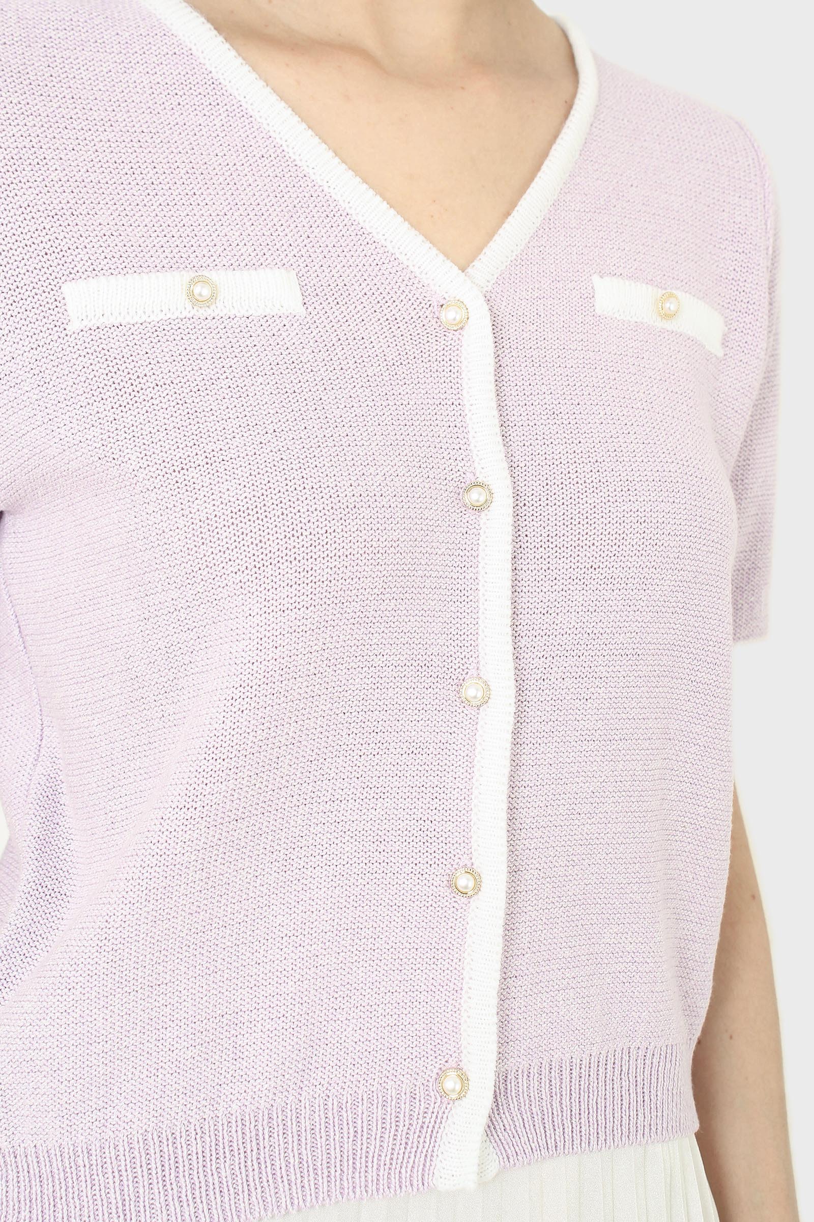 Lilac short sleeved button front knit top_2