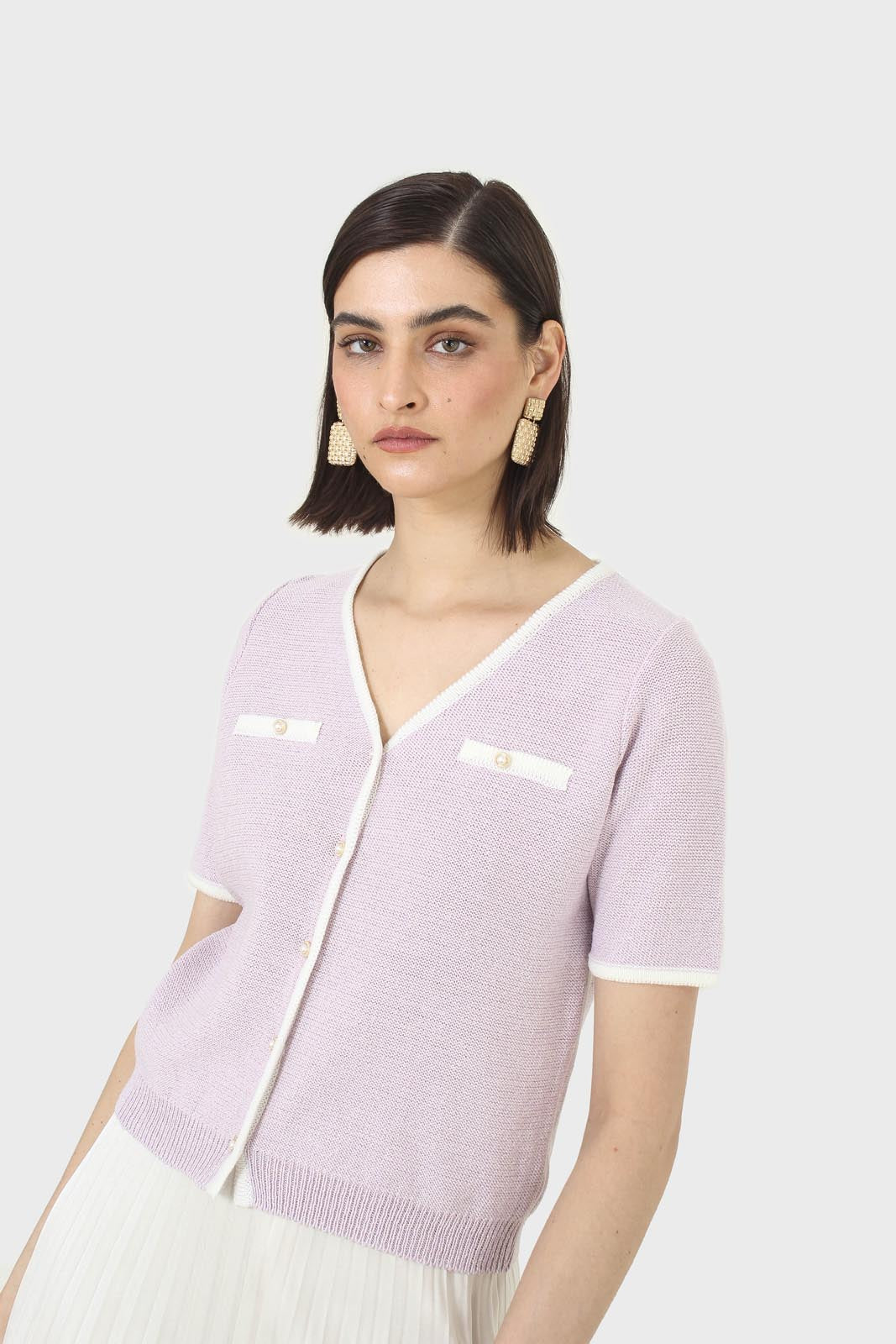 Lilac short sleeved button front knit top_1