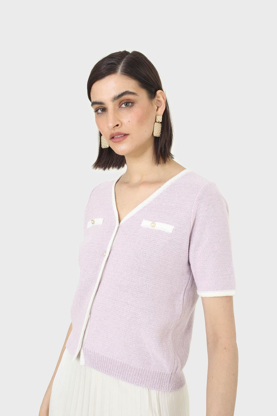 Lilac short sleeved button front knit top_8