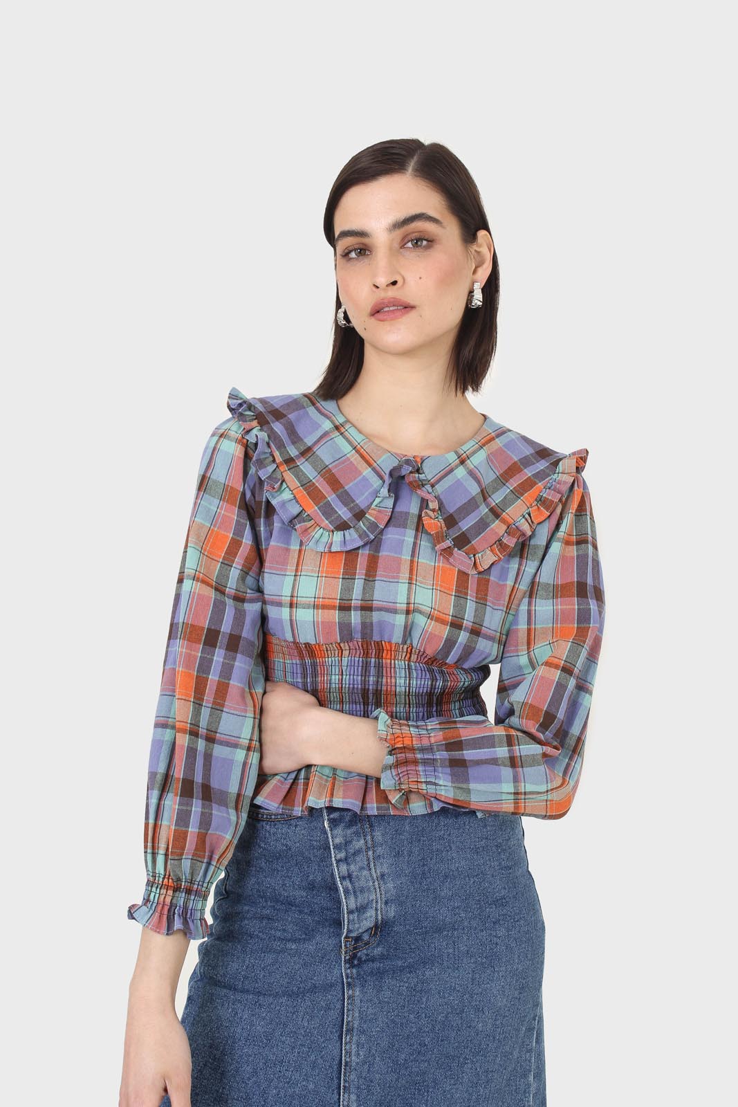 Blue and orange checked large collar blouse_5