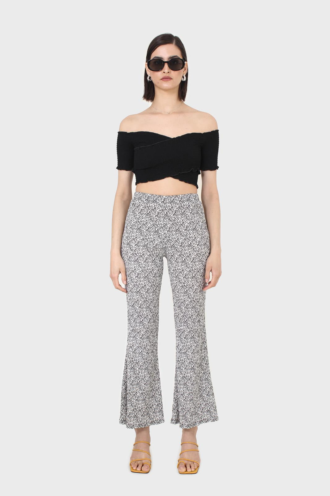 Ivory and charcoal dappled flare trousers_7