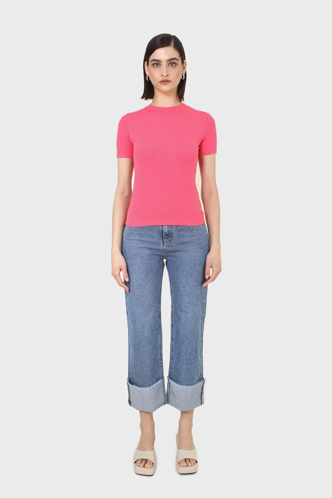 Coral cotton blend crew neck tee_3