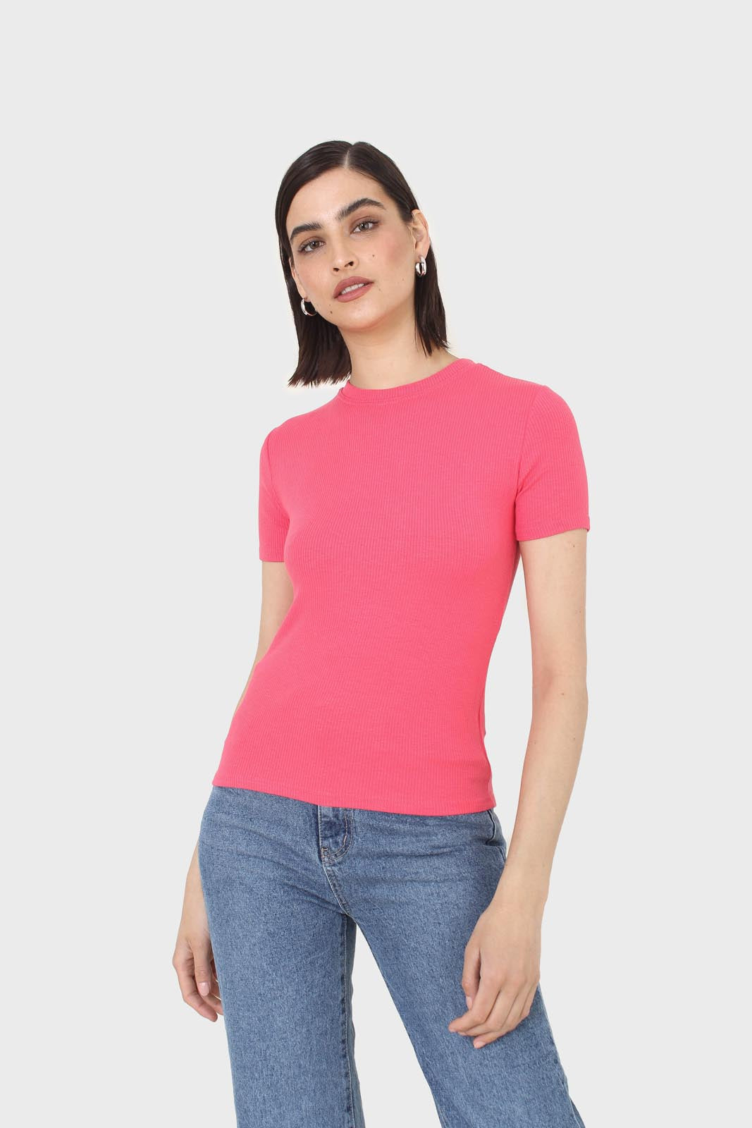 Coral cotton blend crew neck tee_4